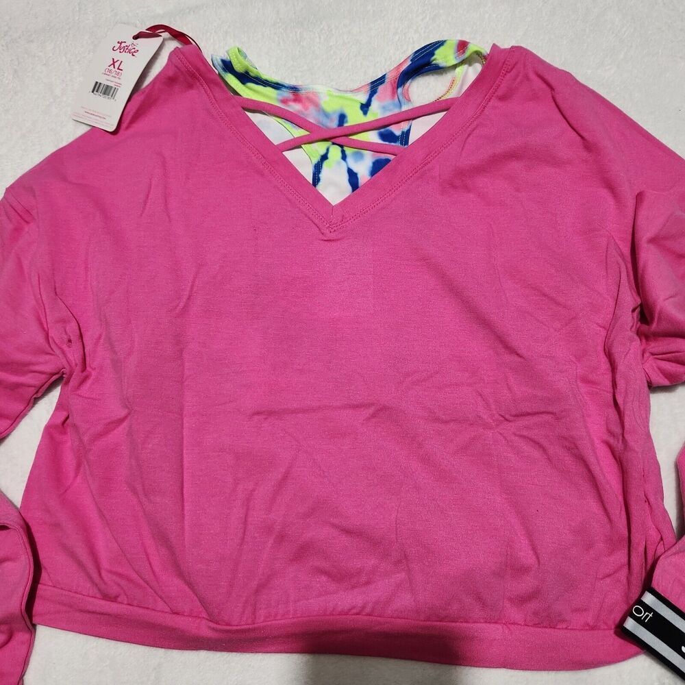 Justice Sweatshirt For Girls Pink Size XL Crop Logo Graphic with Tie Dye Bra - Picture 7 of 13